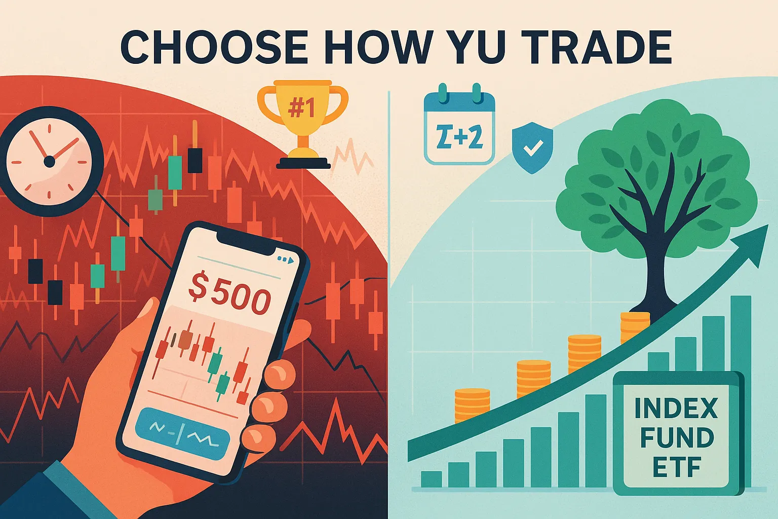 Day trading vs passive investing illustration: red phone chart with $500 loss and volatile candles on the left; on the right a steady growth curve, coins, and “Index Fund ETF” tree under the headline “Choose How You Trade.