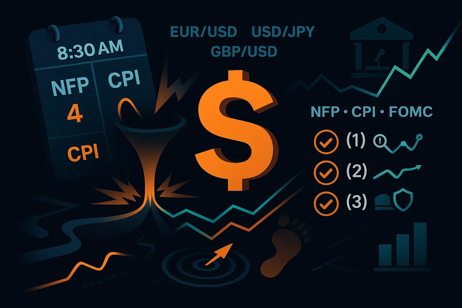 Forex news trading graphic with USD focus: EUR/USD, USD/JPY, GBP/USD, 8:30 a.m. NFP & CPI, FOMC, volatility and risk management.