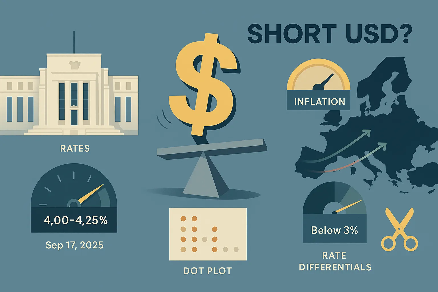 Short USD? Fed cut to 4.00–4.25% (Sep 17, 2025), dot-plot easing, sub-3% U.S. inflation, and G10 rate differentials.