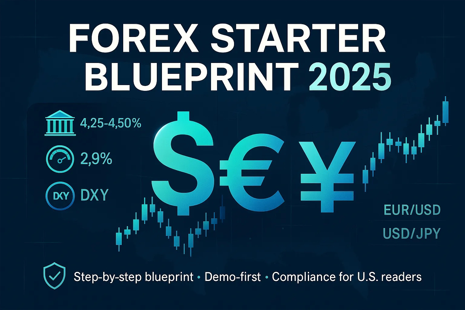 Forex beginner guide 2025 cover with $, €, ¥ and candlesticks; Fed 4.25–4.50%, 2.9% inflation, softer DXY; EUR/USD, USD/JPY.